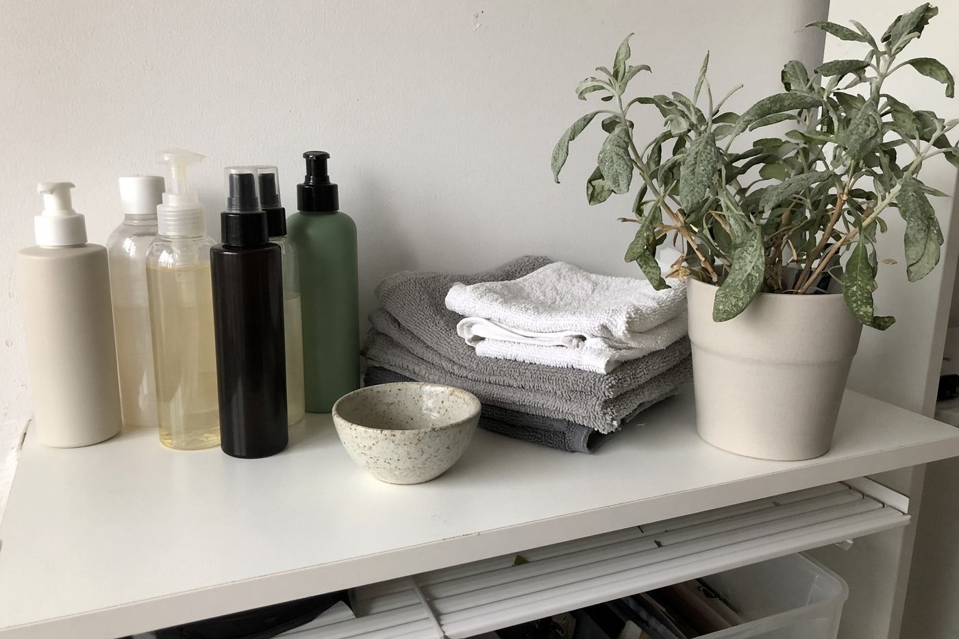 Hylla med handdukar och produkter